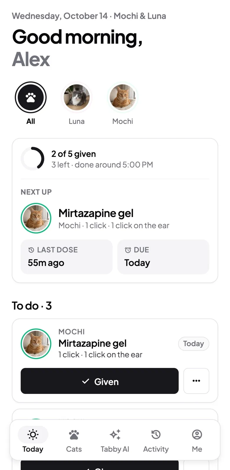 Tabby's Today screen with the day's cat medication doses