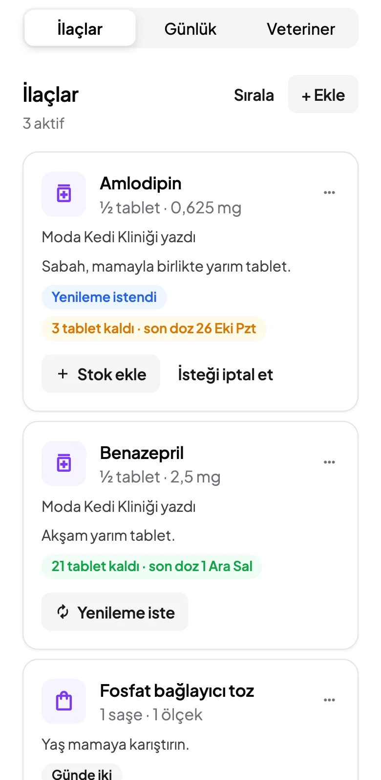 Kliniğin yazdığı ilaçlar, kalan tablet sayısı ve gönderilmiş yenileme isteği.
