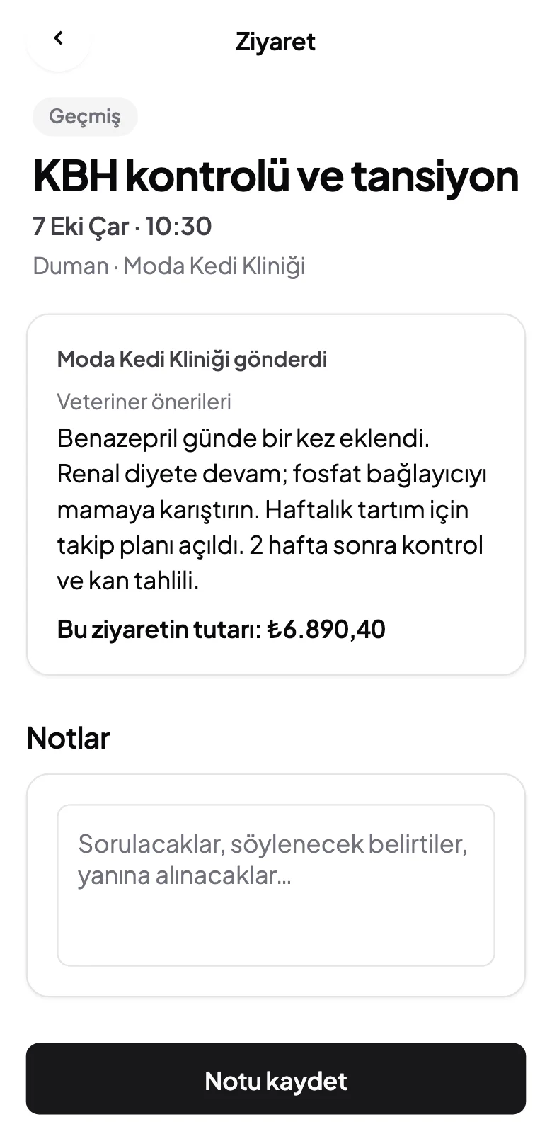 Muayene kaydı: kliniğin önerileri ve muayene tutarı.